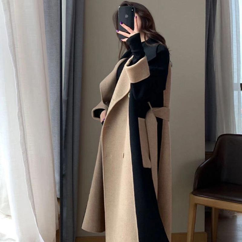 Women's Black Faux Woolen Color-Blocked Patchwork Coat - Hepburn Style, Petite, High-End Korean Design for Autumn/Winter
