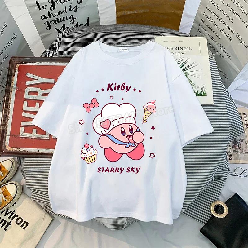 Kirby Shirt Summer O-neck Round T-shirt Cotton Short-Sleeve Tops Solid Color Adult Printed Anime White Tshirt Collar Couple Tees