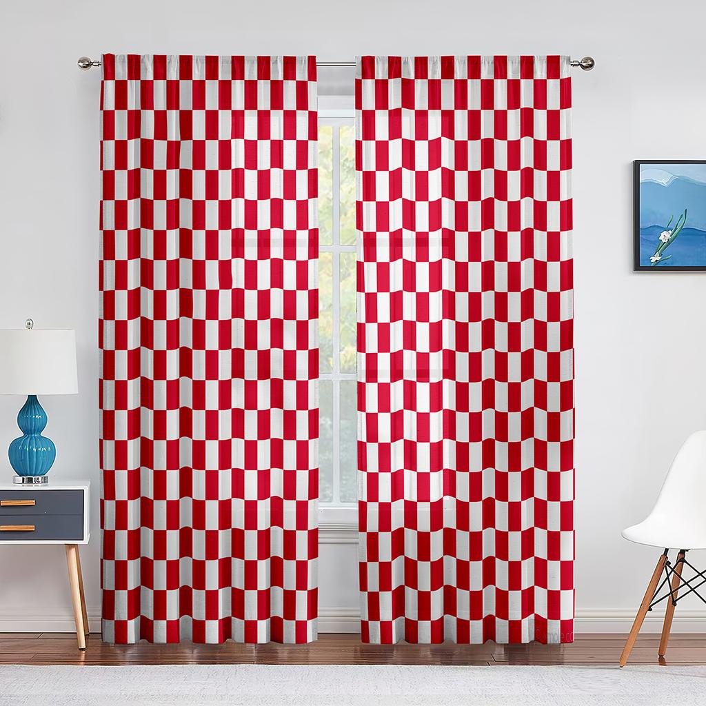 Rot Weiß Checker Muster Sheer Fenster Vorhänge Schlafzimmer Moderne Chiffon Drape Tüll Volants Wohnzimmer Küche Voile Vorhang