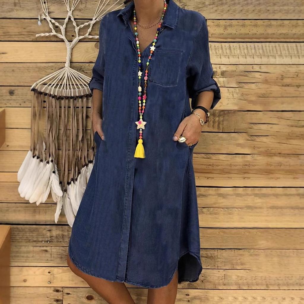Damska Sukienka Jeansowa Plus Size Jednolita Kolorystycznie Casual Luźny Krój Sukienka Koszulowa Jeansowa dla Kobiet