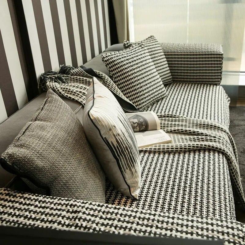 Nordic Black White Plaid Sofa Covers Cotton Soft Cushion Case Modern Four Seasons Non-slip Sofas Towel L-shaped Home Protective
