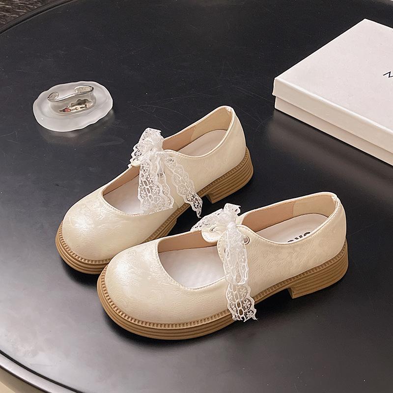

Fashion Retro Silver Heightening Pumps Thick Bottom Shallow Mouth Single Shoes Women Spring Autumn Lace Bow Middle Heel Mary Jane Shoes 35 бежевый
