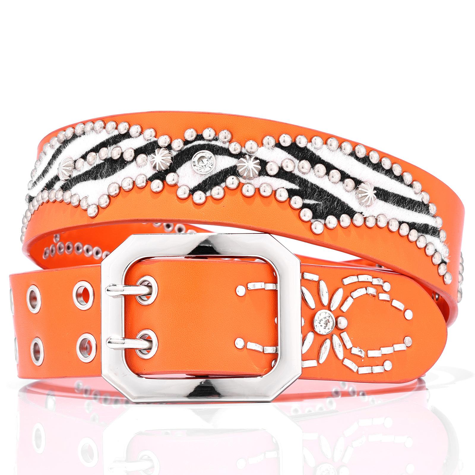 Orange Leather Skin Rhinestones Belts Women