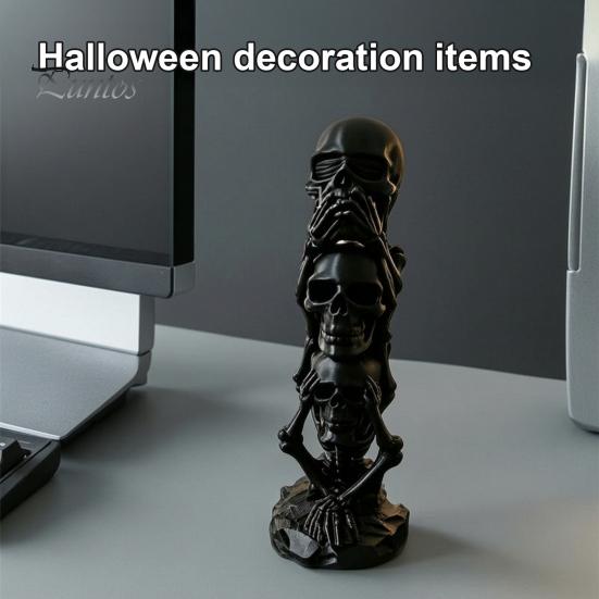 Unique Dark Aesthetic Decor Triple Stacked Skulls Figurine, Spooky See Hear Speak No Evil Skeleton Head Artistic Bone Texture Figurine Statue,