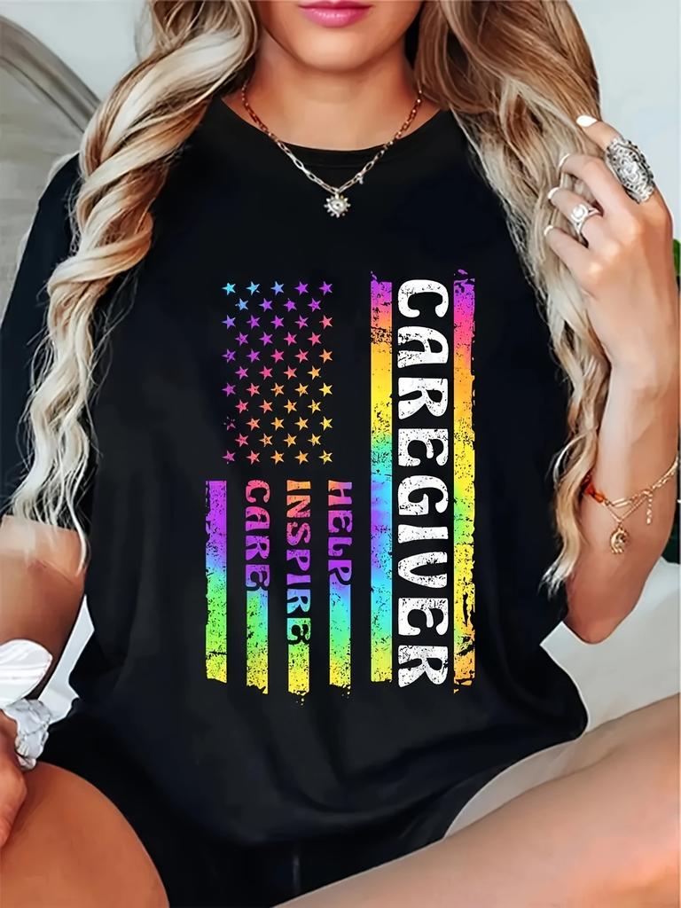 Rainbow American Flag Caregiver Help Inspire Care T-shirt