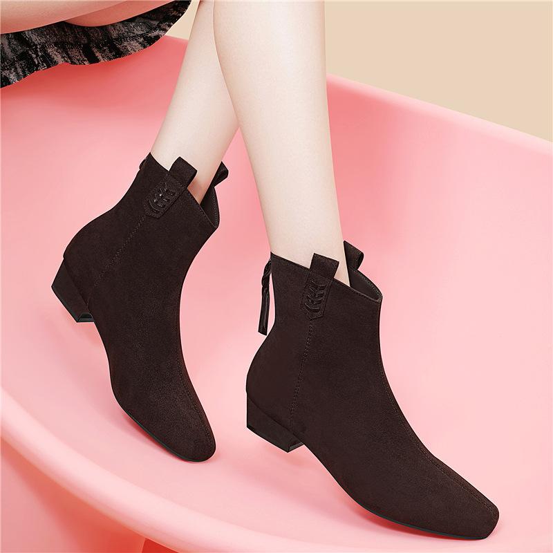 Wildleder dünne Stiefel Damen Herbst Neu Französisch dicker Absatz Innenhöhe erhöhend Kurze Stiefel Kurze elastische Stiefel Samt Baumwollschuhe