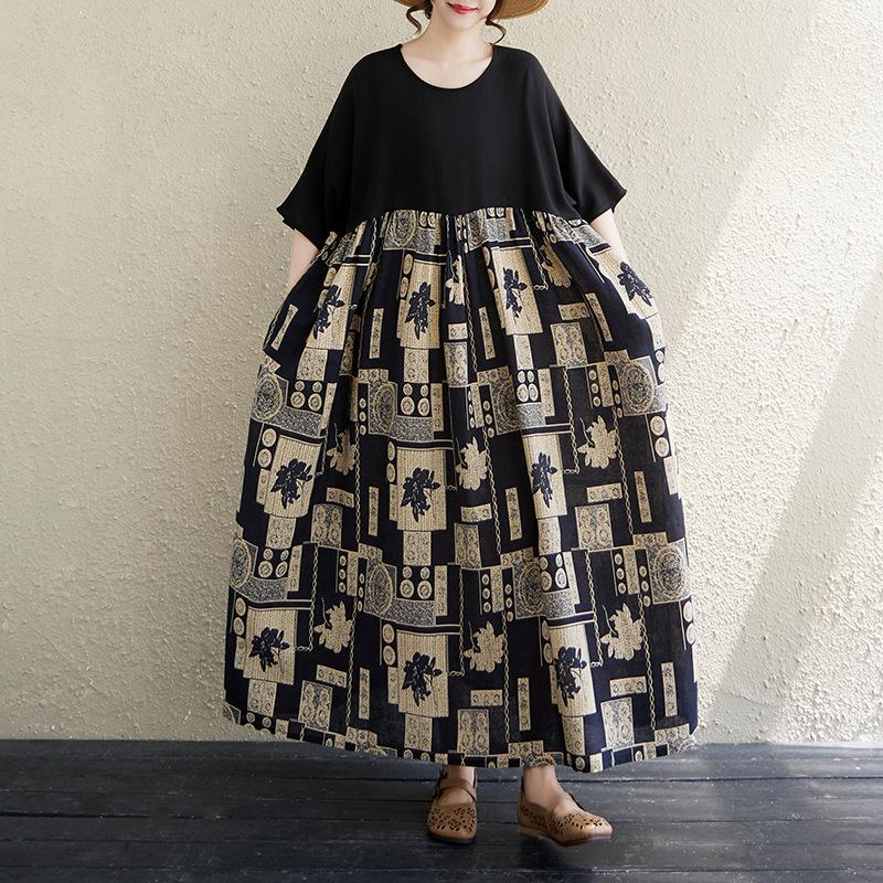 The real shot is the new 125kg fat MM to cover the meat and show thinness, and the color matching cotton and linen dress women's clothing.