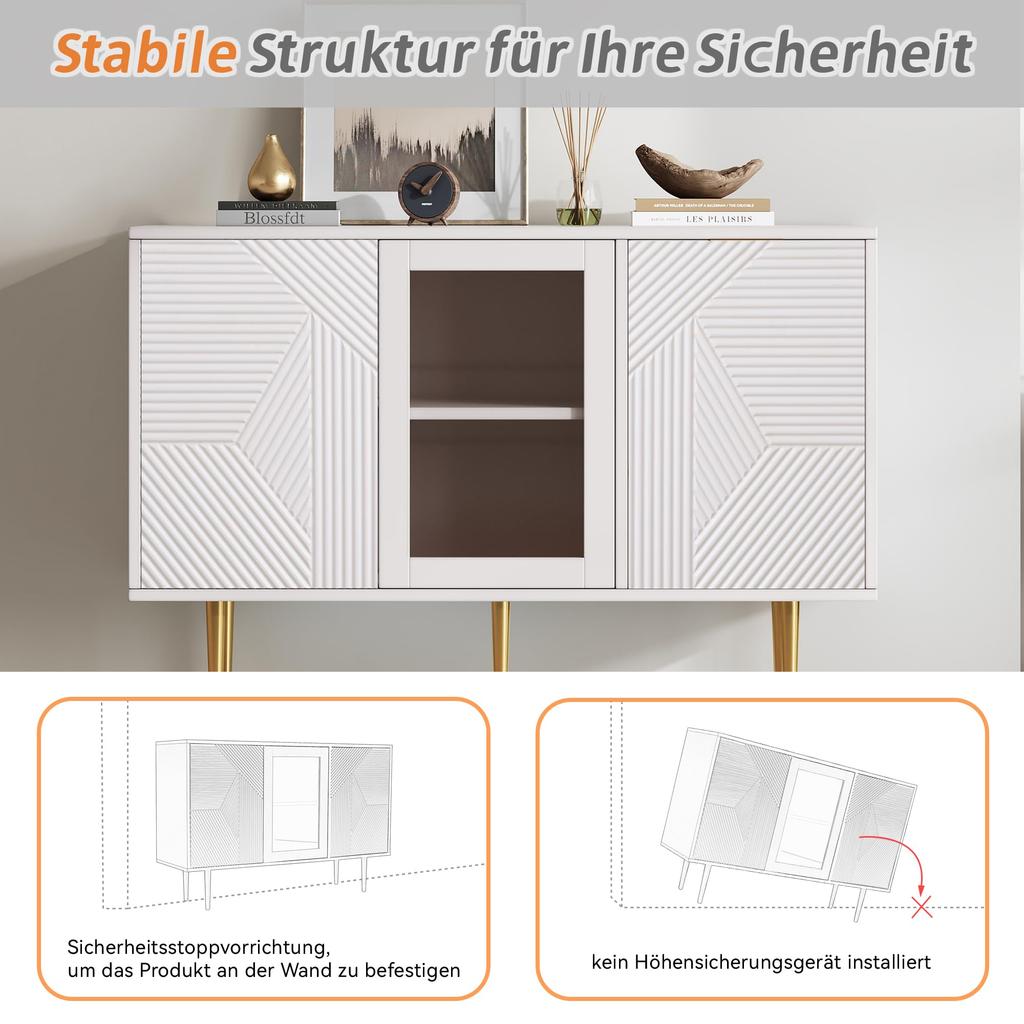 Sideboard mit 3 Türen, Kommode mit Glastür und Metalfüßen Buffetschrank für Esszimmer Wohnzimmer oder Flur, 120x38 x79.5 cm, Weiß