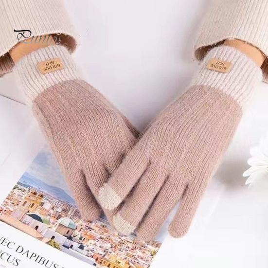 1 Pair Unisex Winter Gloves Knitted Thick Warm Color Matching Touch Screen Anti-slip Elastic Soft Warm Thick Plush Cycling Riding Gloves