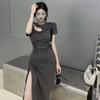 New slim French split-ended medium and long dress for women's summer and Korean version, thin waist drawstring dress, female student tide