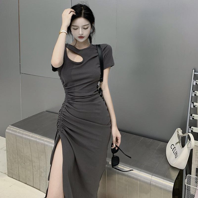 New slim French split-ended medium and long dress for women's summer and Korean version, thin waist drawstring dress, female student tide
