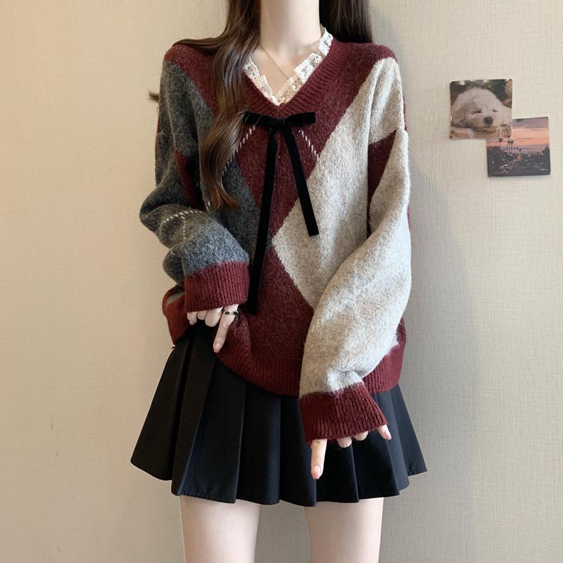 Women's Wine Red Argyle Knitted Sweater with Lace Bow - 2025 Autumn/Winter Retro Collection