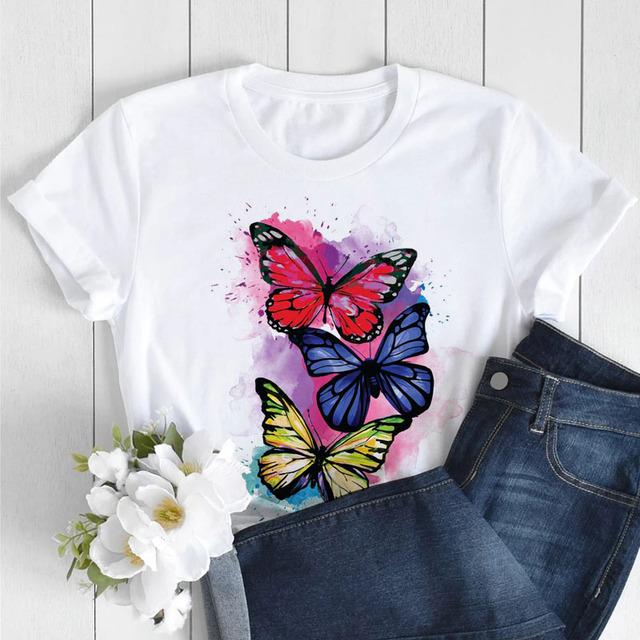 Butterfly Love Heart Print T Shirt Women Fashion Black T Shirt Female Short Sleeve Cute Graphic Tee Shirts Ladies Summer Tops