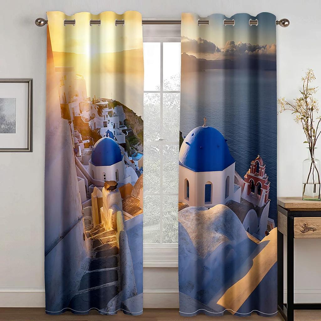 Vacation Style High Shading Curtain Aegean Sea Santorini Island Beach Blackout Curtains for Bedroom Living Room Hotel Window