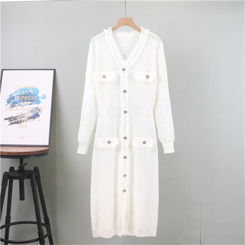Autumn And Winter Knitted Dress For Women  V-Neck Tassel Solid Color Mid Length Skirt
