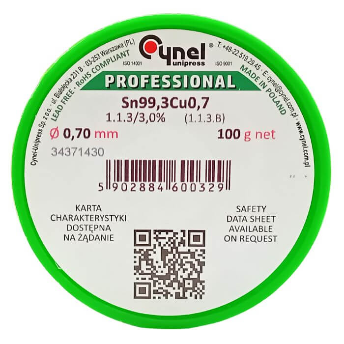 Lead-Free Solder With Flux Sn99.3Cu0.7-1.1.3/3.0% Ø 0.70 100 (Cu1) For Manual And Automatic Soft Soldering, Rosin Tin