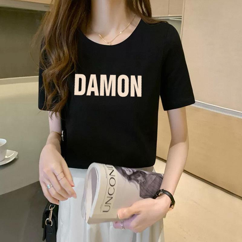 Front Shoulder Pure Cotton Printed T-shirt Women's Top Black Short-sleeved Summer New Loose Base Shirt