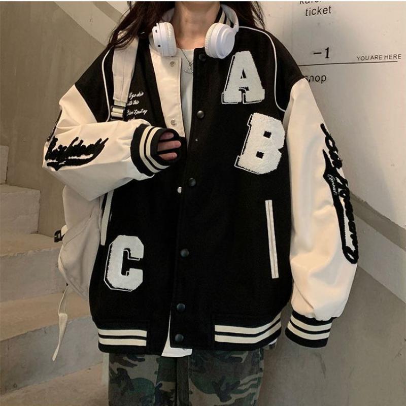 Veste Varsity Femme – Style Harajuku Hip Hop – Coupe Oversized – Manches Longues – Poches Cargo – Unisexe