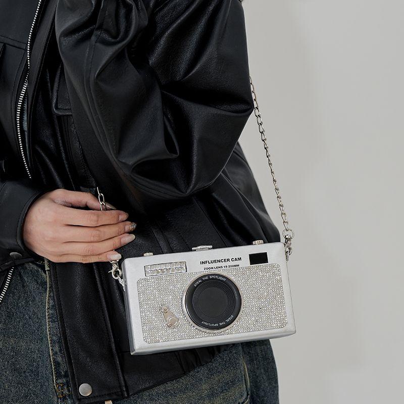 

Korean Faux Camera Shape Shoulder Bag Women Chain Rhinestone Box Crossbody Bag Ladies Fashion Unique Design Small Square Bag New 18x10x5cm