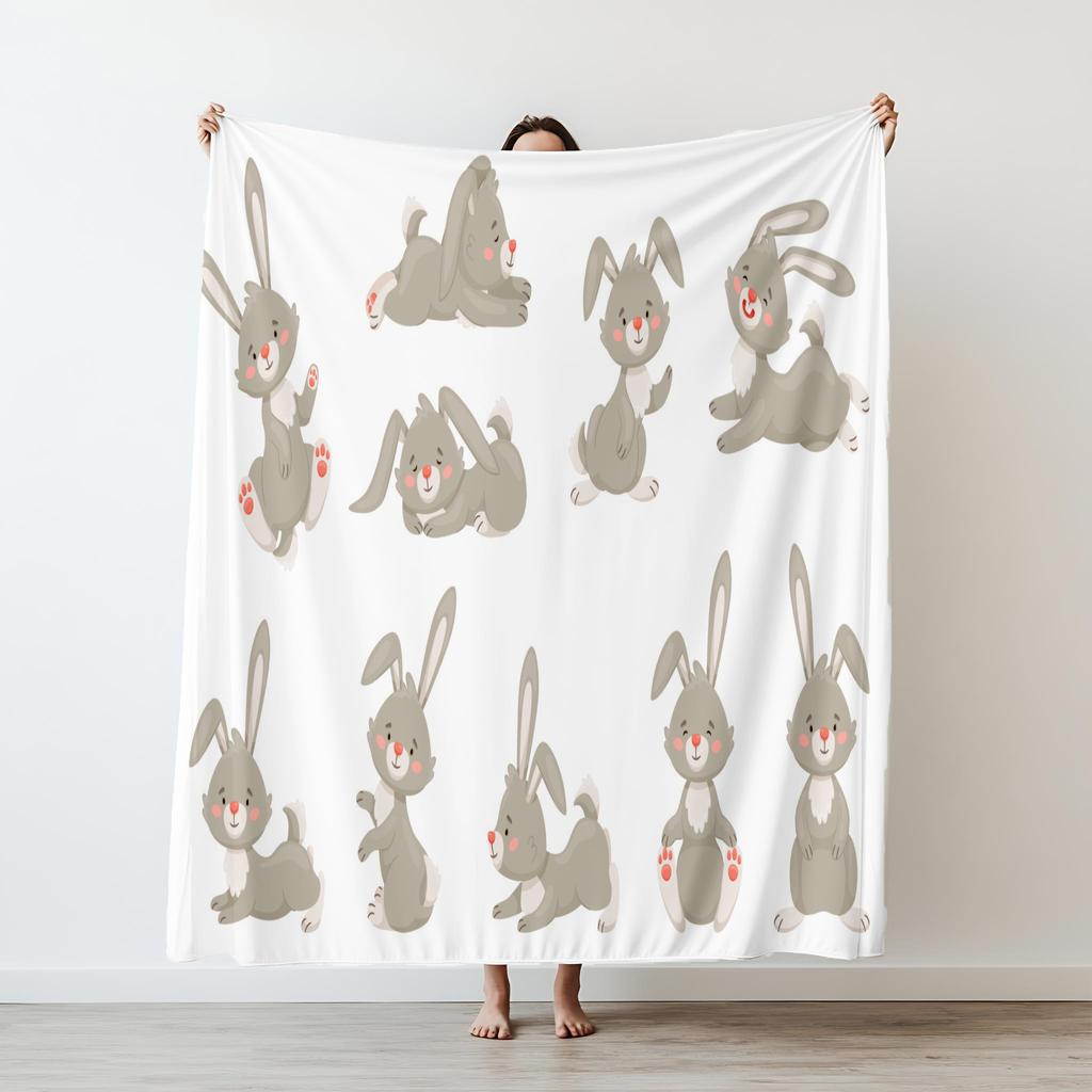 Cartoon Rabbits Happy Flannel Throw Printed Blanket Soft Warm Blanket Grain Blankets for Bedroom Couch Sofa