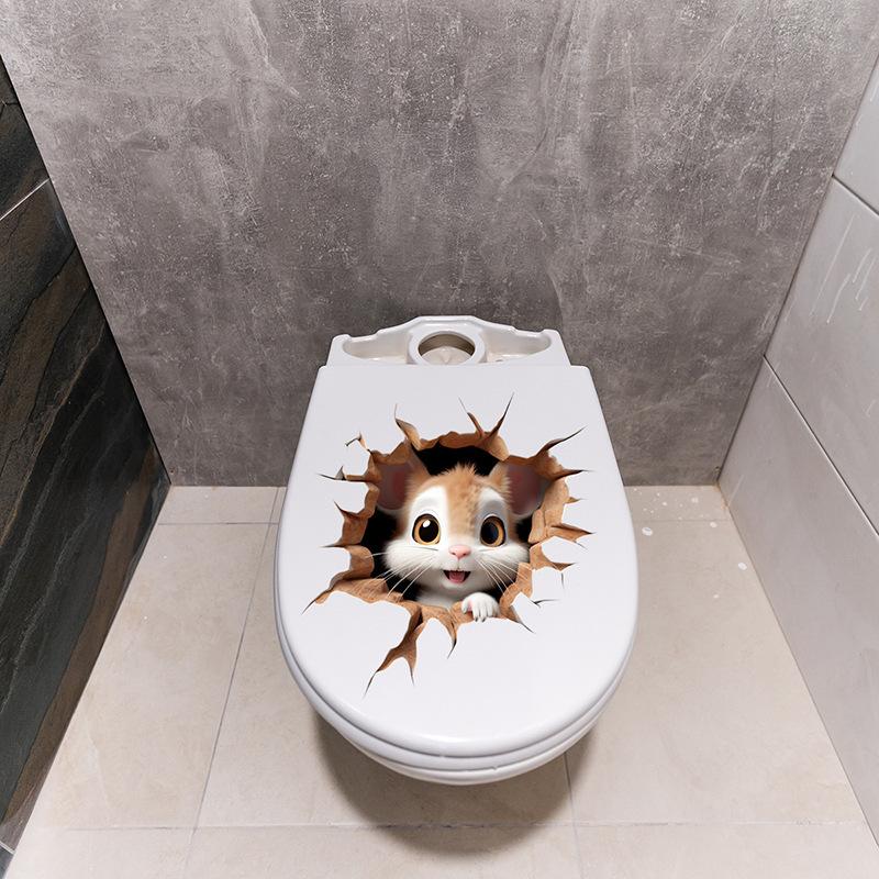 Self-adhesive 3D Cartoon Mouse Breaking Wall Toilet Sticker Waterproof for Bathroom Toilet Seat Decor