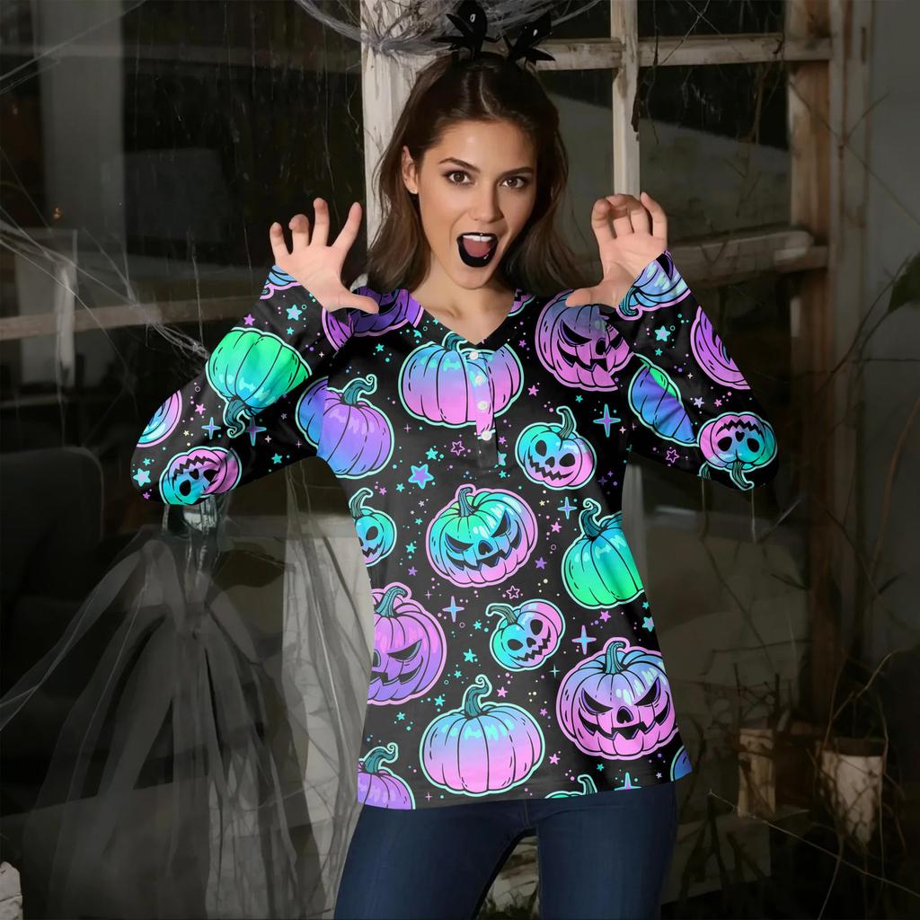 Women's Casual Fashion Sexy Comfort Halloween Printed V-Neck Button Long Sleeve
