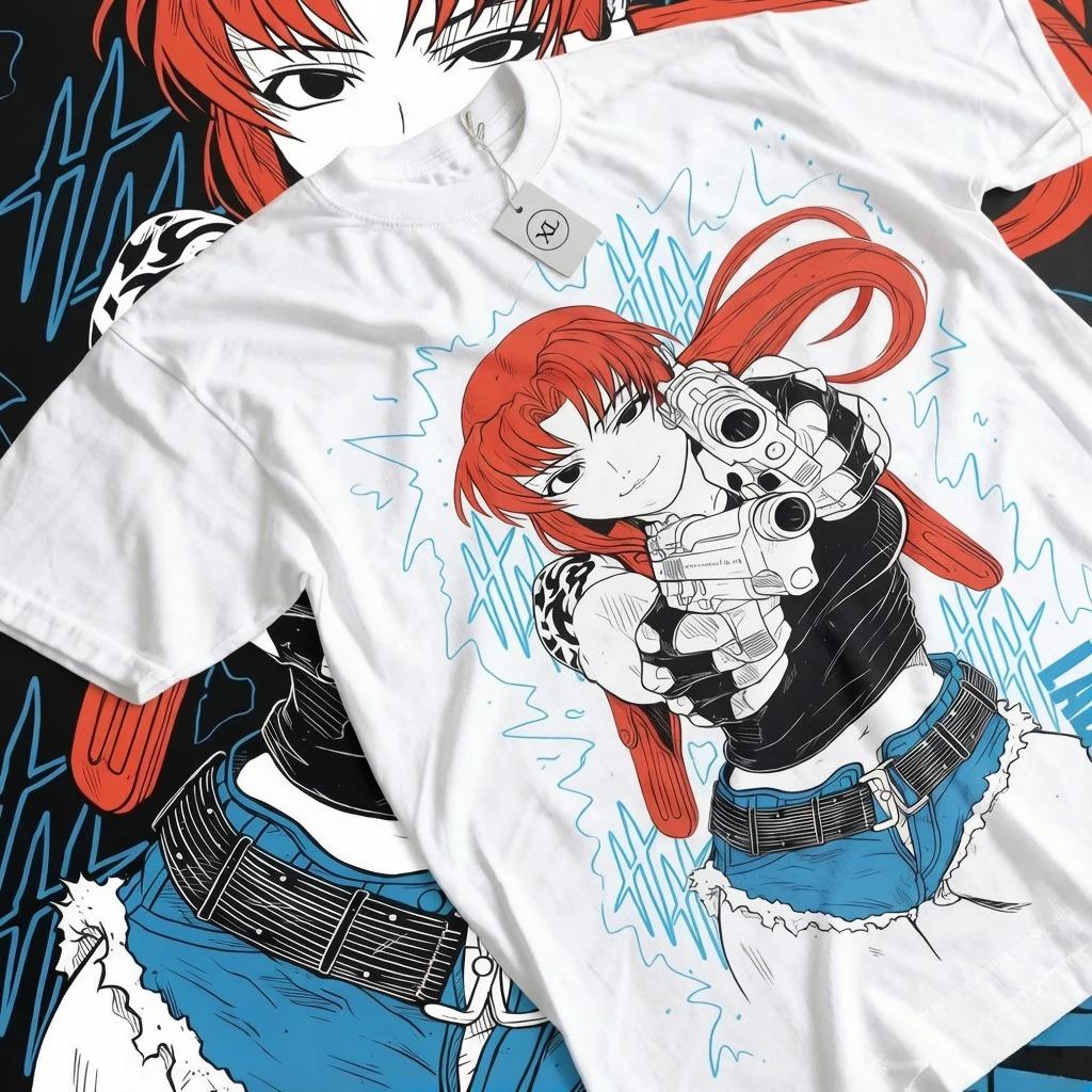 Vintage Anime Style White Oversized T-Shirt with Revy from Black Lagoon Holding Guns Graphic 4XL