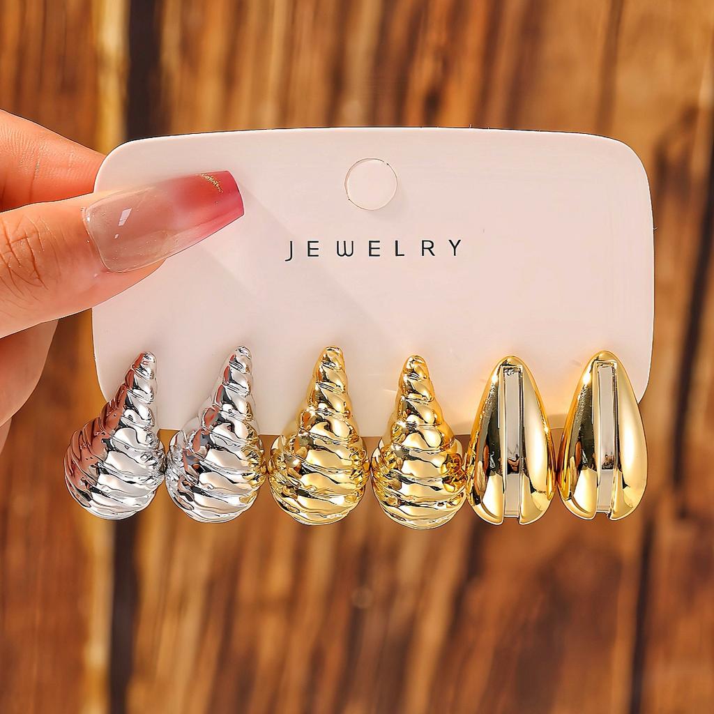 6Pcs/set Classic Ccb Waterdrop Twist Earrings Chunky Tear Drop Design Women's Gold-Color Bohemia Earrings Daily Workplace Party