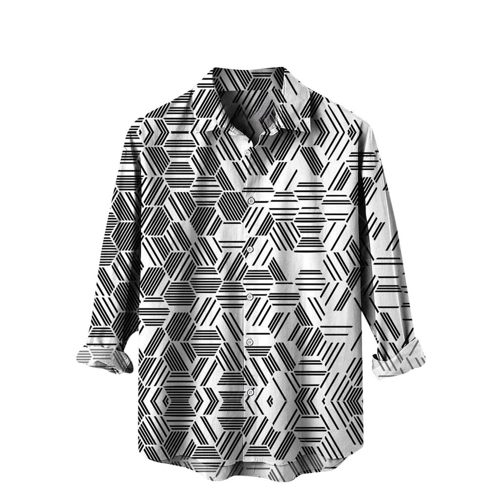 Men's Spring Summer Casual Gradient Pattern Printing Hawaiian Lapel Long Sleeve Men's Shirt Men's Top