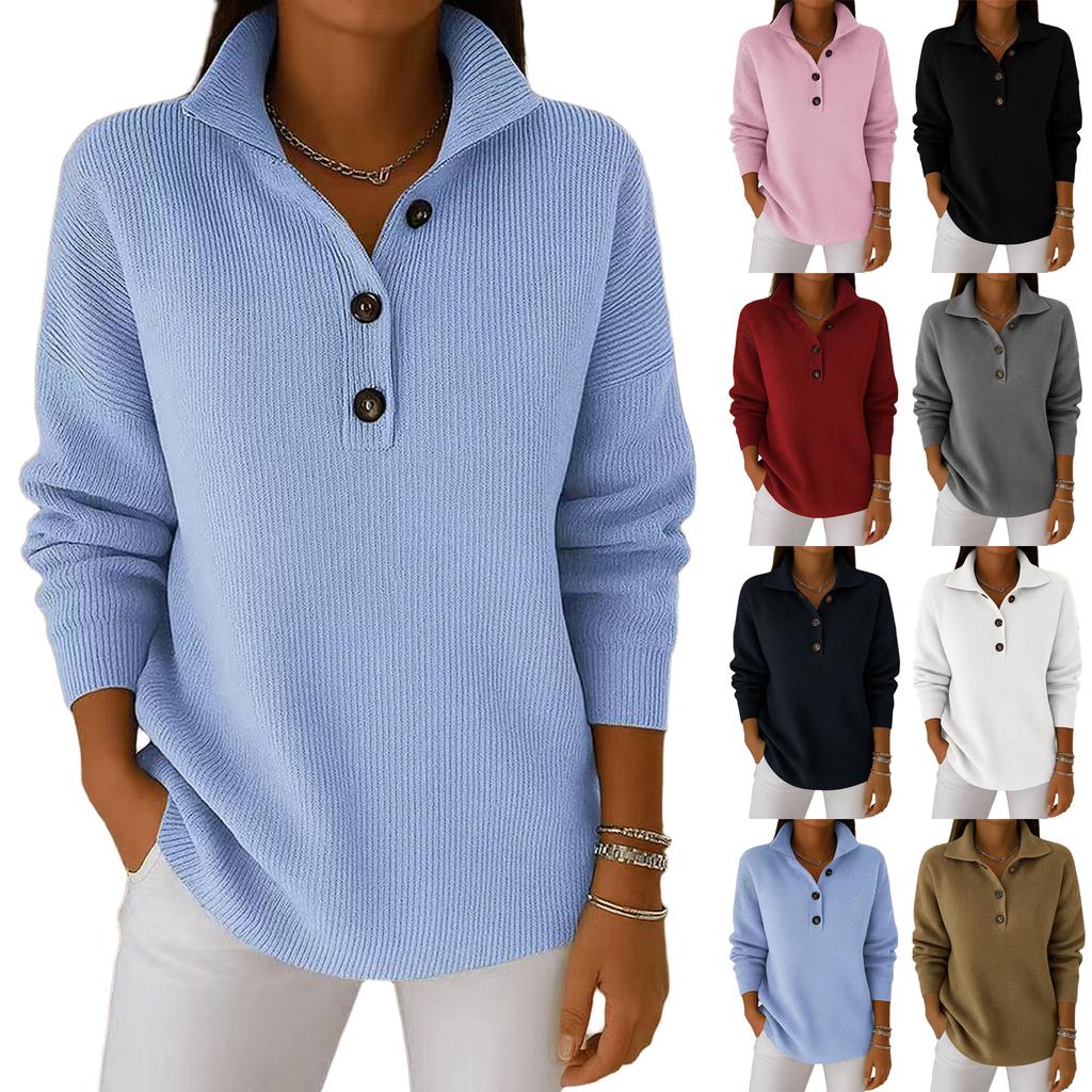 Women's Long Sleeve Pullover Sweater Button Front Knit Top with Collar Casual Lightweight Soft Fabric