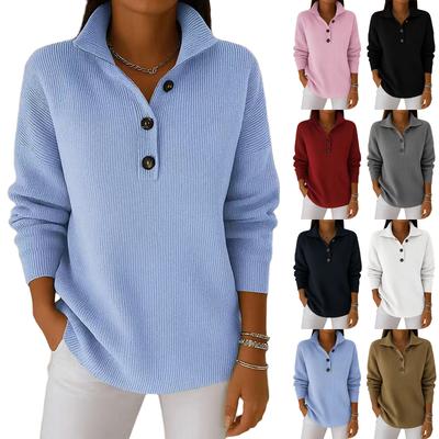 Women's Long Sleeve Pullover Sweater Button Front Knit Top with Collar Casual Lightweight Soft Fabric