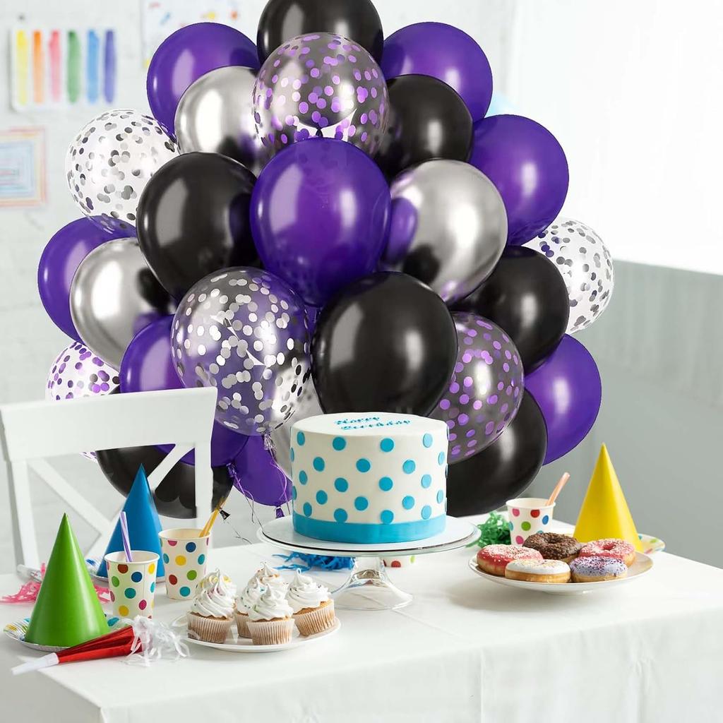 70pcs 10 Inch  Dark Purple Black Metal Silver Latex Balloons with Purple Confetti for Weddings Birthday Graduation Party Decara