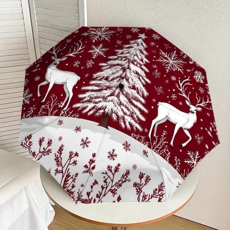 

1pc Christmas Scene with Snowy Tree and Deer Umbrella with Plastic Handle,Suitable for All Seasons Home Travel Outdoor UmbrellaDD1298