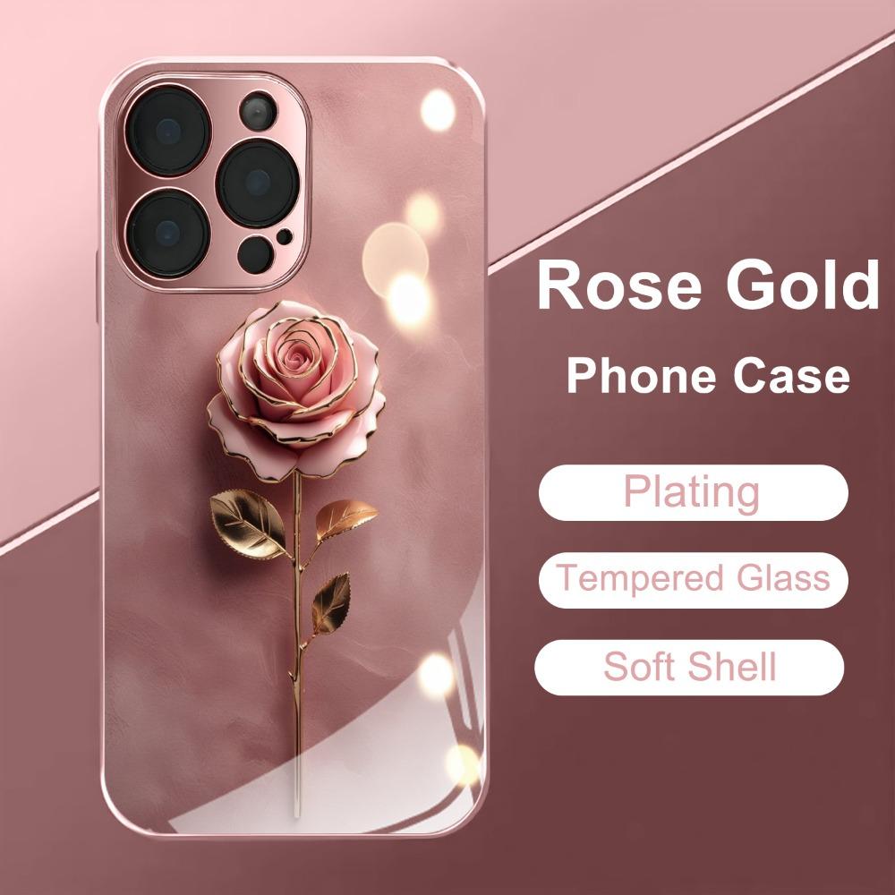 Rose Pattern Metallic Paint Glass Phone Case Suitable for iPhone17 16 15 14 13 12 11Pro/Max/Plus Anti Fingerprint and Shockproof