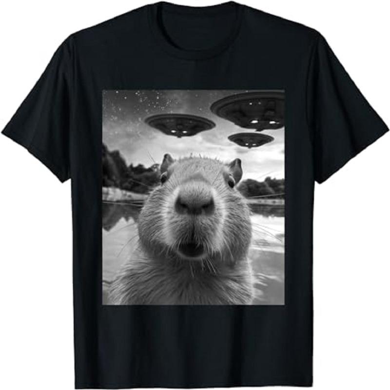 

Funny Capybara Selfie with UFO Pattern Printed Men sWomen s T-shirt Summer Top Casual Round Neck Short Sleeved 4XL