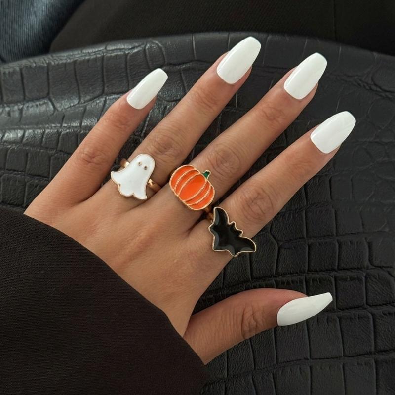Spooky Jewelry Set for Women, 9 Piece Pumpkin Bat Figure Necklace Ring Earring Collection for Halloween Parties, Cosplay, and Themed Outfits