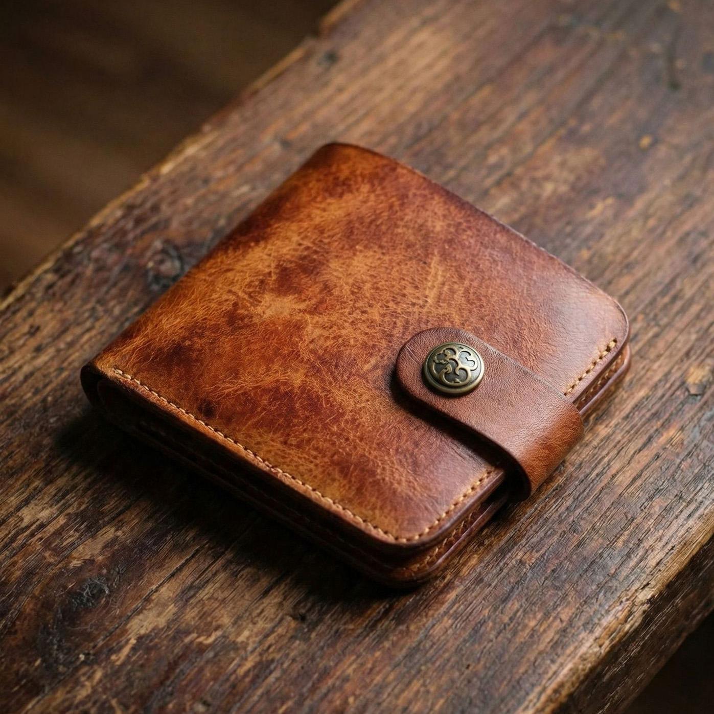 Vintage Handmade Genuine Leather Men s Wallet - Vegetable Tanned Cowhide Bifold Slim Purse with Coin Pocket коричневый