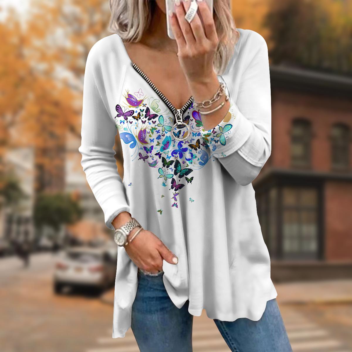 

Женские осенние мини-футболки с принтом бабочек и длинным рукавом, свободные футболки с V-образным вырезом больших размеров, удобные блузки 4XL синий