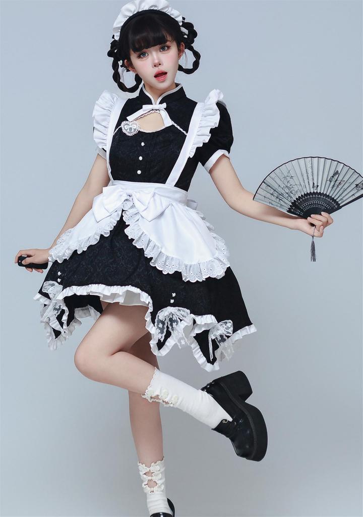 YZZYQQ Gotisches Lolita Dienstmädchen Kostüm mit Haarband, Chinesischer Stil, Kurze Ärmel, Schwarz, Größe 2XL