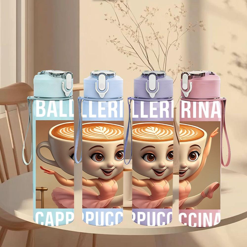 1PC Girl Holding Coffee Mug Portrait Print 750ml Color Plastic Sports Water Bottle Leakproof Flip Straw Lid Suitable for Sports Office Home Use
