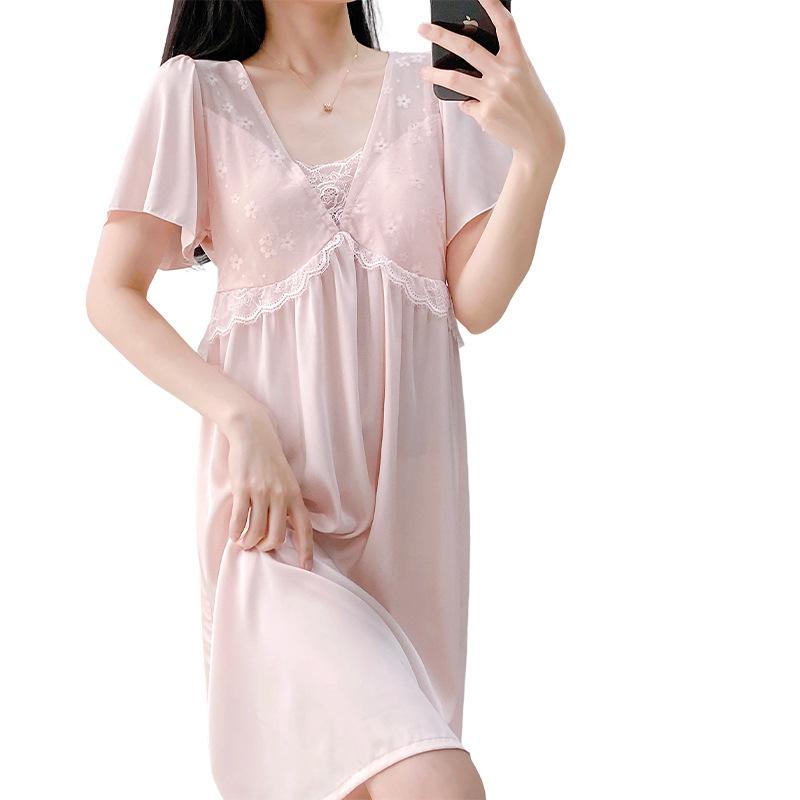 Summer padded nightdress for women, palace-style short-sleeve pajamas, lace, cute loose mid-length skirt, solid color loungewear