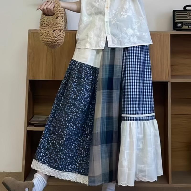 Dimanaf 2025 Summer Women New Linen Plaid Skirts Elastic Elegant Flower Pleated Skirts High Waist