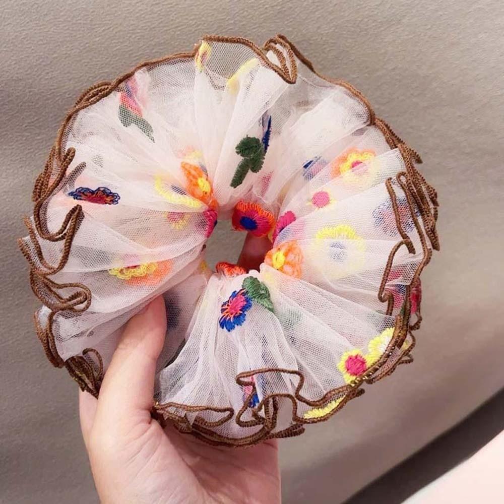 Large Intestine Circle Embroidered Mesh Scrunchie Elastic Bun Rubber Bands Floral Hair Rope  Women
