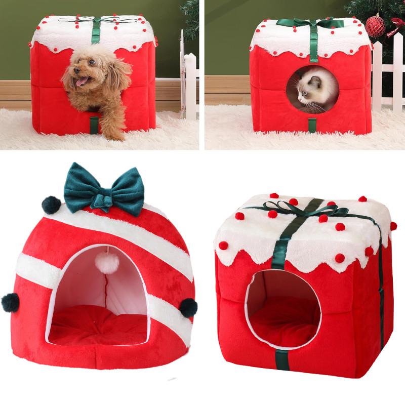 Christmas Theme Pet Cat Dog Bed Puppy Kitten Cozy Sleeping Nest Plush House Cave