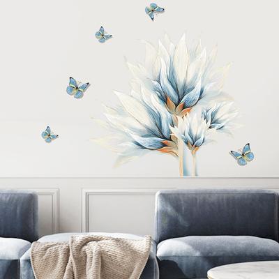 Water Color Blue Butterfly Flower Wall Sticker Living Room Sofa Background Home Decoration Mural Bedroom Wallpaper PVC Stickers