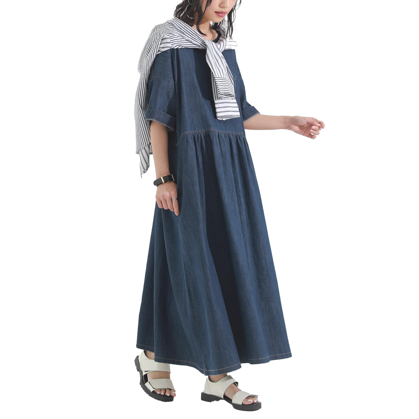 

Oshare Walker Охлаждающий Деним Со Сборками Длинное Джинсовое Охлаждающее к УФ wjn0188 n OrLABEL Платье, Женское Платье, Весна/Лето, Короткий/Три Четверти Рукав, На ощупь,