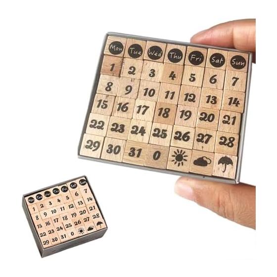 Wooden Stamps Numbers & Days of the Week Deco Stamps Set of 42 Stamps Weather Daily Notebook Stamps Small DIY Craft Seals Boxed (Numbers & Days of