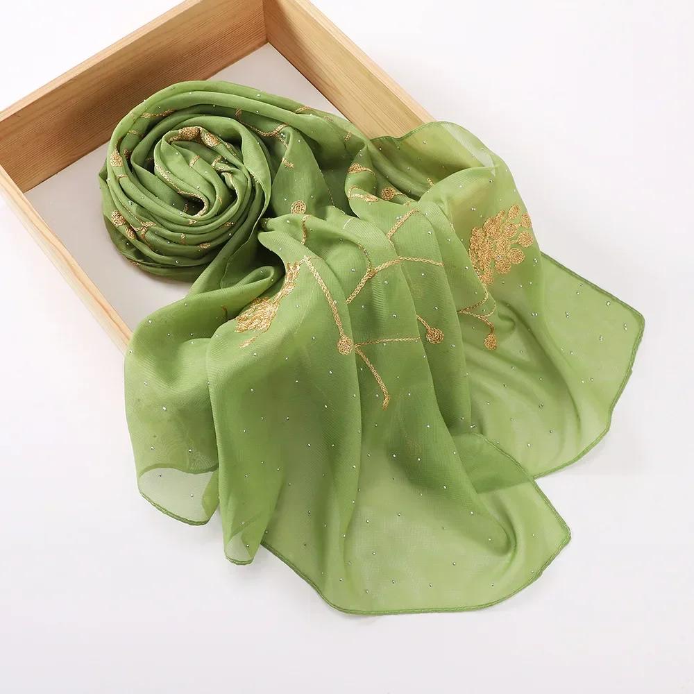 New Embroidered Diamond Chiffon Hijab Scarf Women Luxury Soft Plain Shawl For Women Muslim Hijabs For Women Turban Femme Bandana