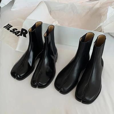 Luxusmarken Design Leder Tabi Stiefel Mode Runde Klobige Hohe Absatz Knöchelhohe Stiefel für Damen Herbst Winter Geteilte Zehenschuhe