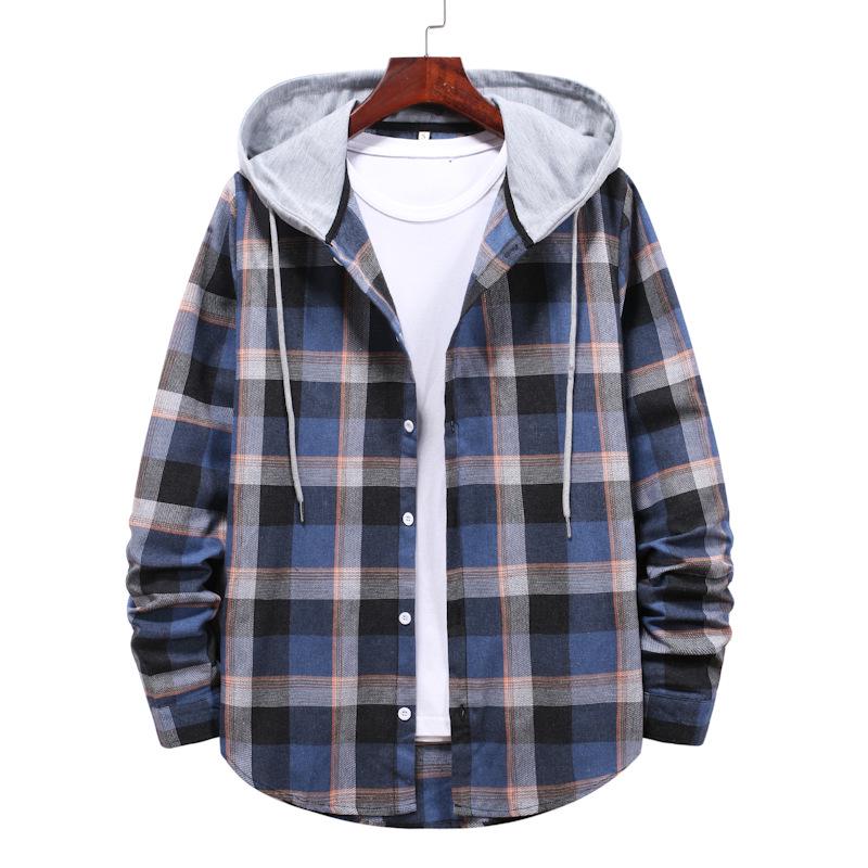 Men s European Style Plaid Hooded Long-Sleeve Cardigan Jacket, Plus Size, In Stock L синий